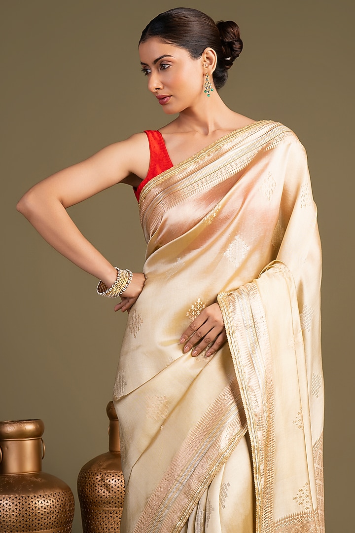 Beige Pure Katan Silk Block Printed Banarasi Handloom Party Wear Saree Set by Zal From Benaras at Pernia's Pop Up Shop