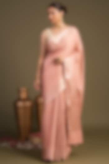 Rose Pink Pure Moonga Silk Striped Printed Banarasi Handloom Party Wear Saree Set by Zal From Benaras at Pernia's Pop Up Shop