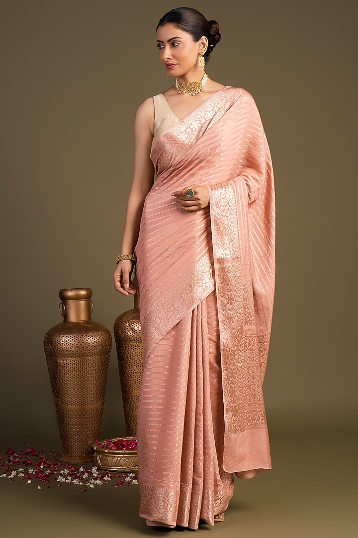 Rose Pink Pure Moonga Silk Striped Printed Banarasi Handloom Party Wear Saree Set by Zal From Benaras at Pernia's Pop Up Shop