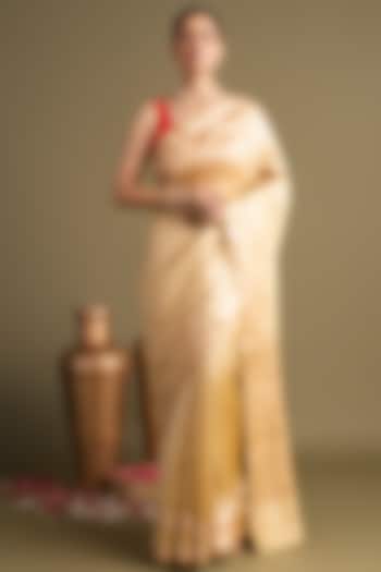 Gold Pure Katan Silk Organza Floral Printed Banarasi Handloom Party Wear Saree Set by Zal From Benaras at Pernia's Pop Up Shop