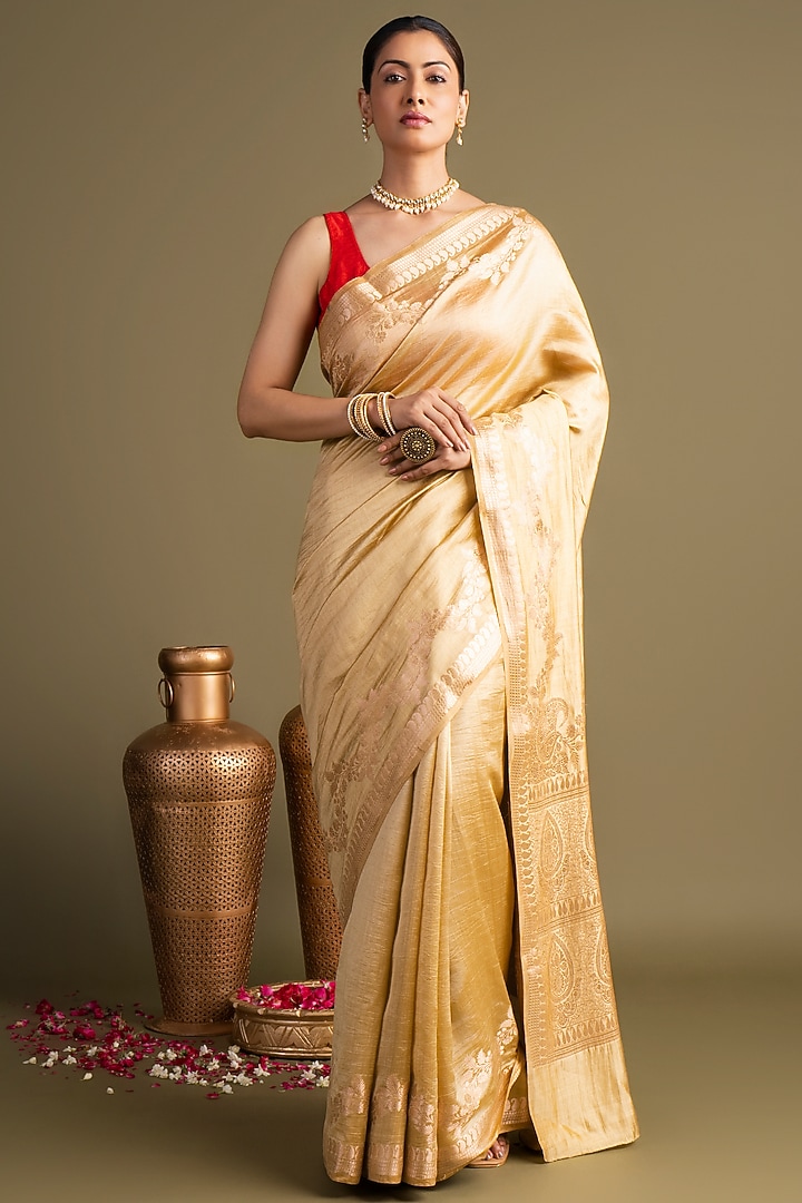 Gold Pure Katan Silk Organza Floral Printed Banarasi Handloom Party Wear Saree Set by Zal From Benaras at Pernia's Pop Up Shop