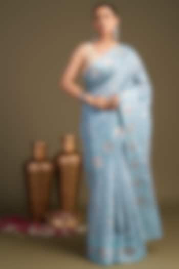 Sky Blue Pure Silk Block Printed Banarasi Handloom Festive Saree Set by Zal From Benaras at Pernia's Pop Up Shop