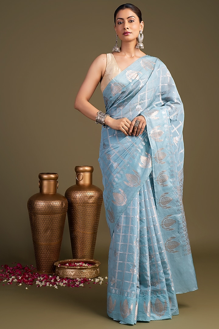 Sky Blue Pure Silk Block Printed Banarasi Handloom Festive Saree Set by Zal From Benaras at Pernia's Pop Up Shop