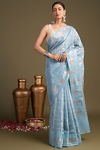 Sky Blue Pure Silk Block Printed Banarasi Handloom Saree Set by Zal From Benaras