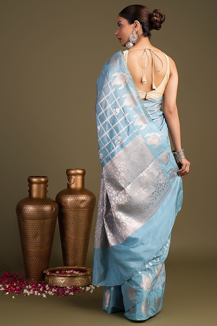 Sky Blue Pure Silk Block Printed Banarasi Handloom Festive Saree Set by Zal From Benaras at Pernia's Pop Up Shop