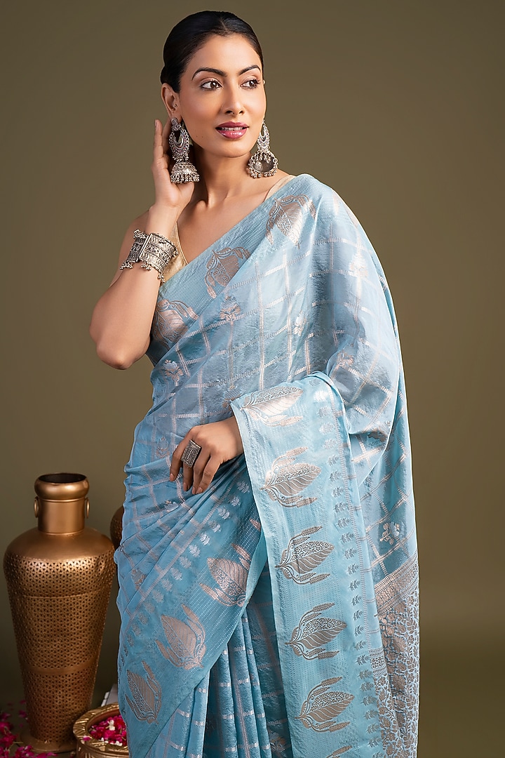 Sky Blue Pure Silk Block Printed Banarasi Handloom Festive Saree Set by Zal From Benaras at Pernia's Pop Up Shop