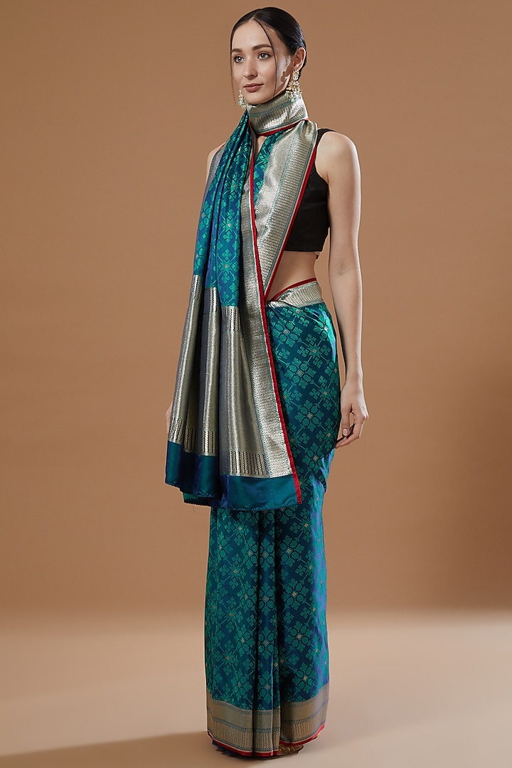 Cobalt Blue Satin Silk Saree Set by Zal From Benaras