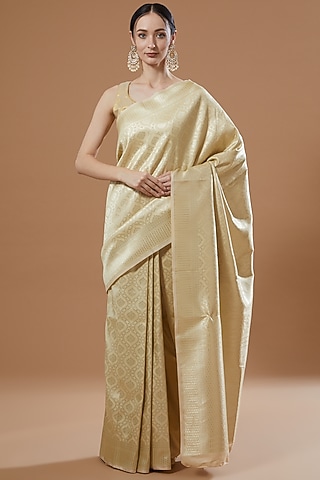 Beige Satin Silk Saree Set by Zal From Benaras