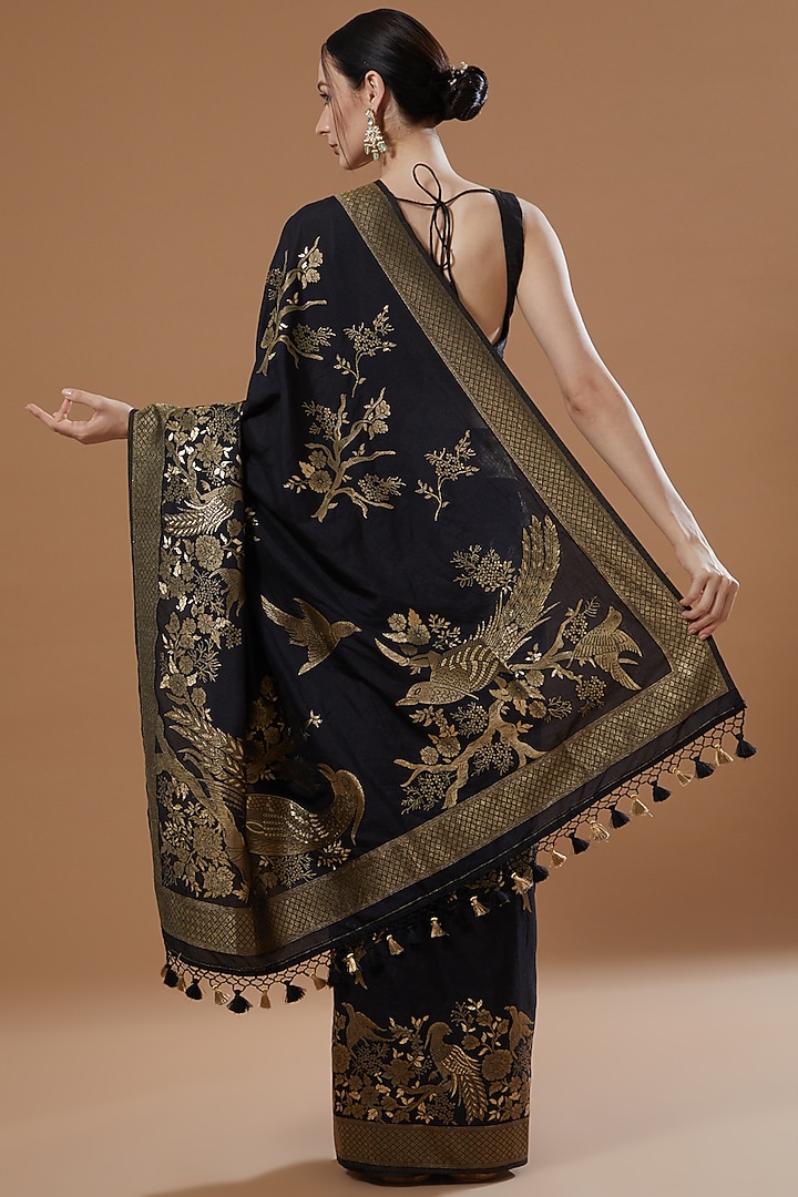 Black Satin Silk Party Wear Saree Set by Zal From Benaras at Pernia's Pop Up Shop