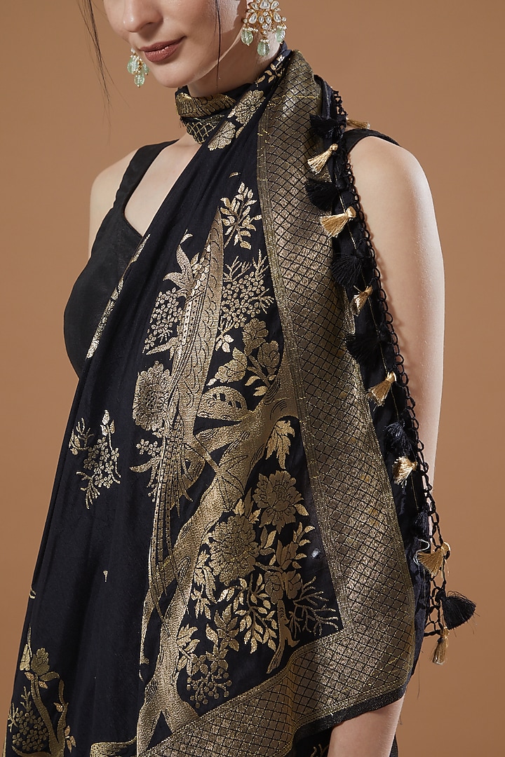 Black Satin Silk Party Wear Saree Set by Zal From Benaras at Pernia's Pop Up Shop