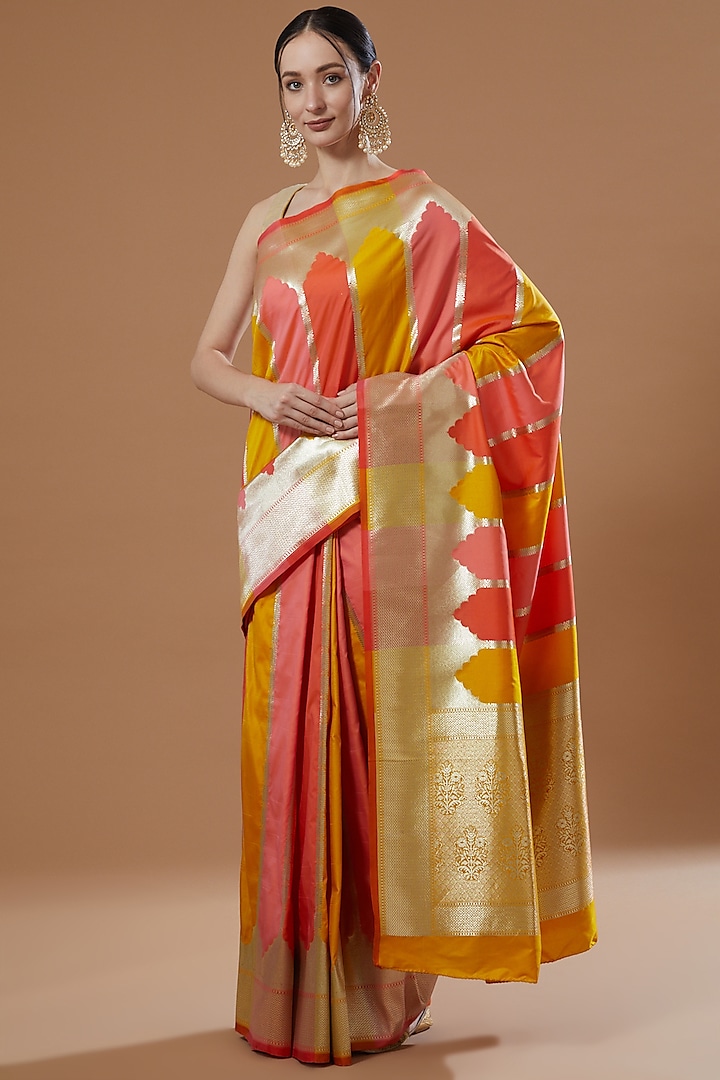 Multi-Colored Satin Silk Saree Set by Zal From Benaras