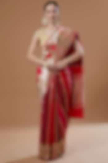 Maroon Pure Soft Satin Silk Banarasi Handloom Saree Set by Zal From Benaras