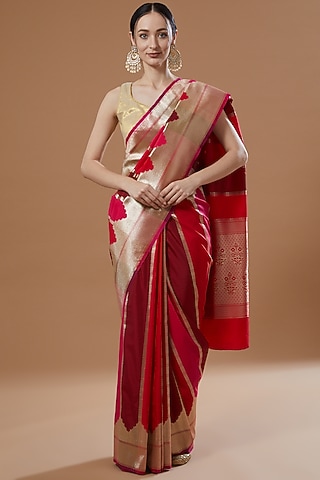 Maroon Pure Soft Satin Silk Banarasi Handloom Saree Set by Zal From Benaras
