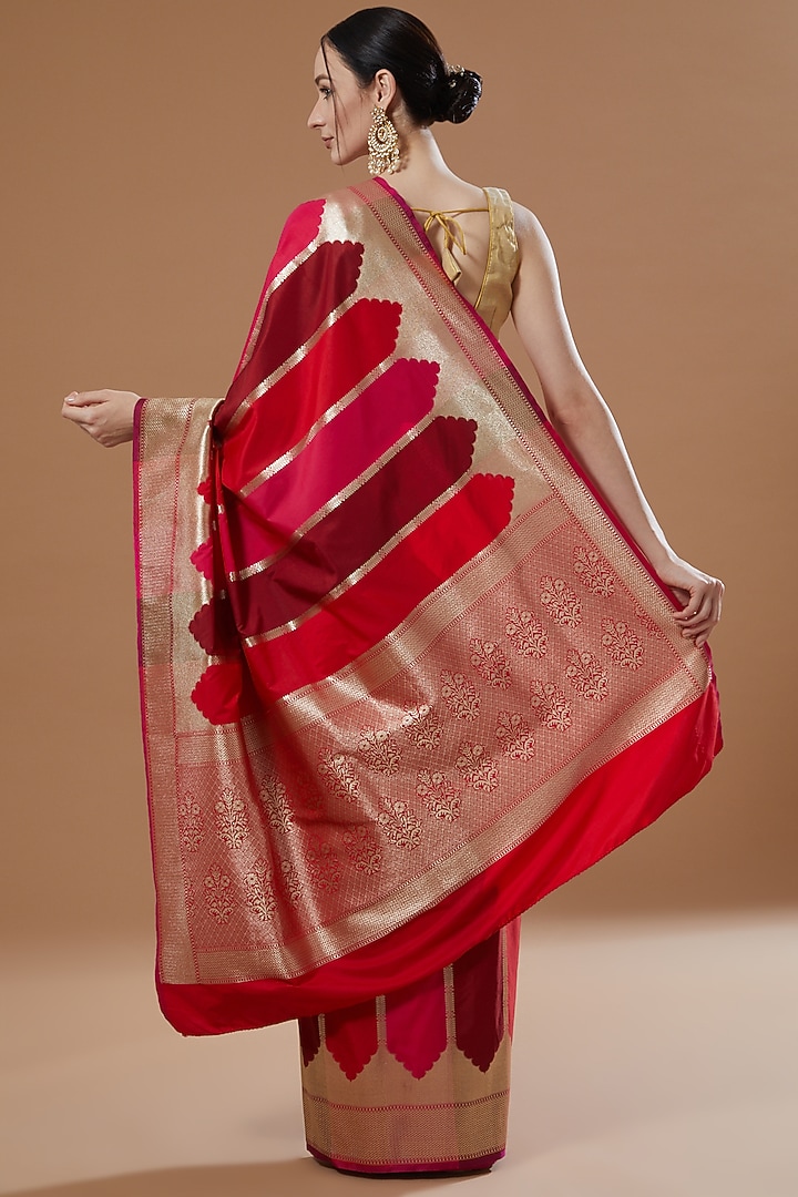 Maroon Pure Soft Satin Silk Banarasi Handloom Wedding Saree Set by Zal From Benaras at Pernia's Pop Up Shop