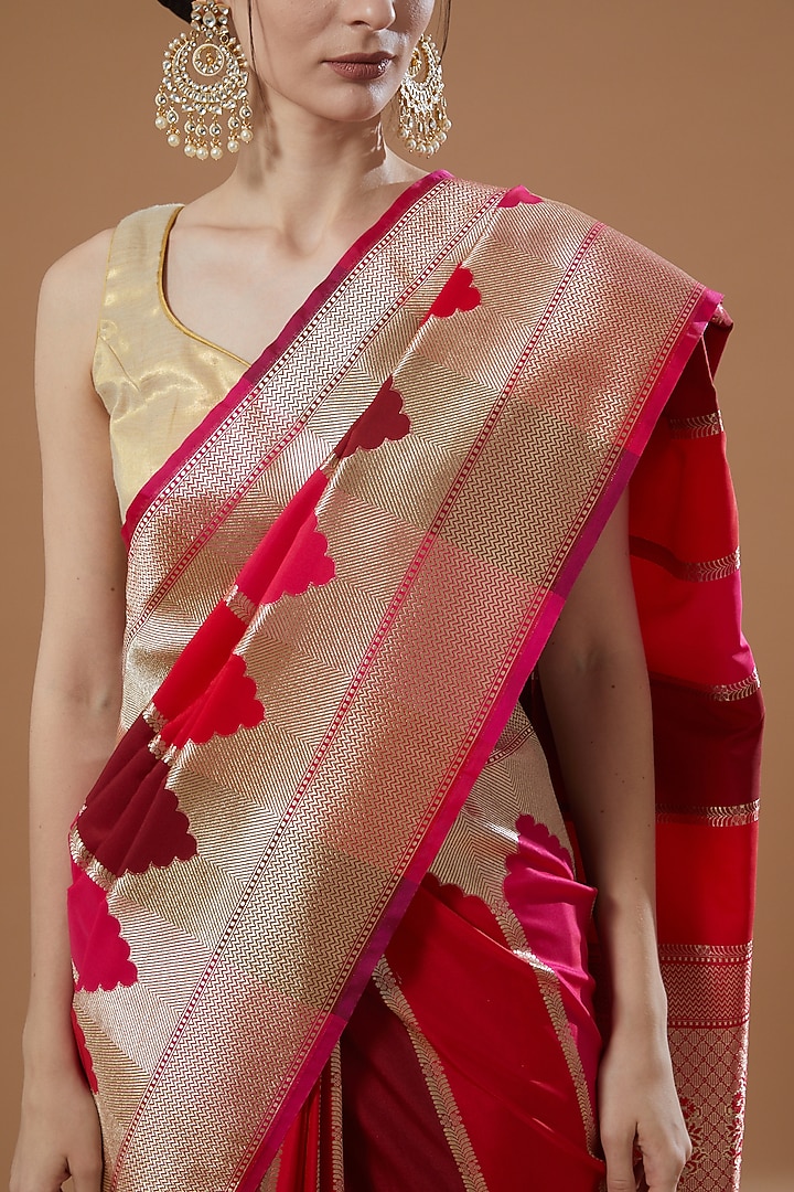 Maroon Pure Soft Satin Silk Banarasi Handloom Wedding Saree Set by Zal From Benaras at Pernia's Pop Up Shop
