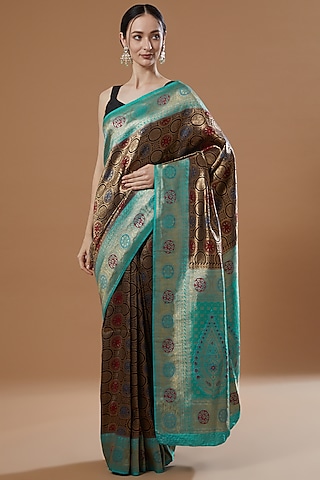 Navy Blue Pure Katan Silk Handloom Zari Work Saree Set by Zal From Benaras