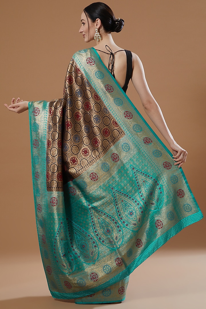 Navy Blue Pure Katan Silk Handloom Zari Work Party Wear Saree Set by Zal From Benaras at Pernia's Pop Up Shop