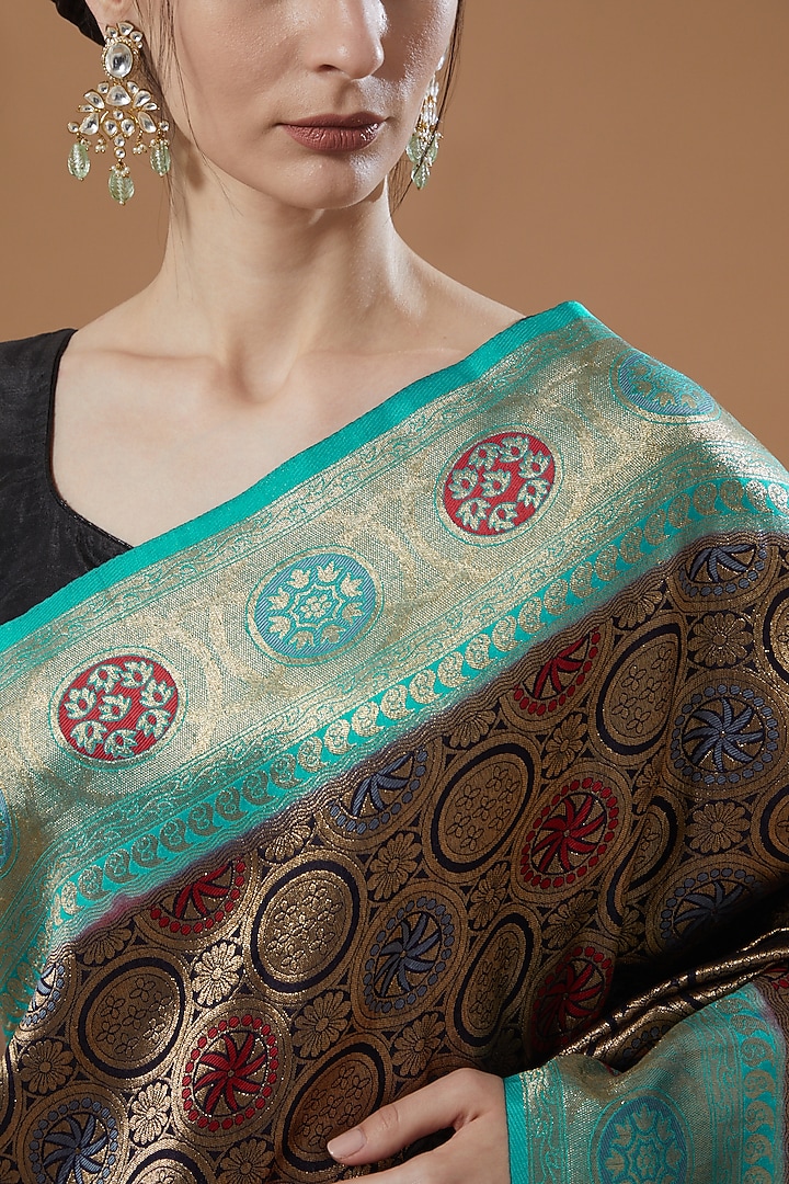 Navy Blue Pure Katan Silk Handloom Zari Work Party Wear Saree Set by Zal From Benaras at Pernia's Pop Up Shop