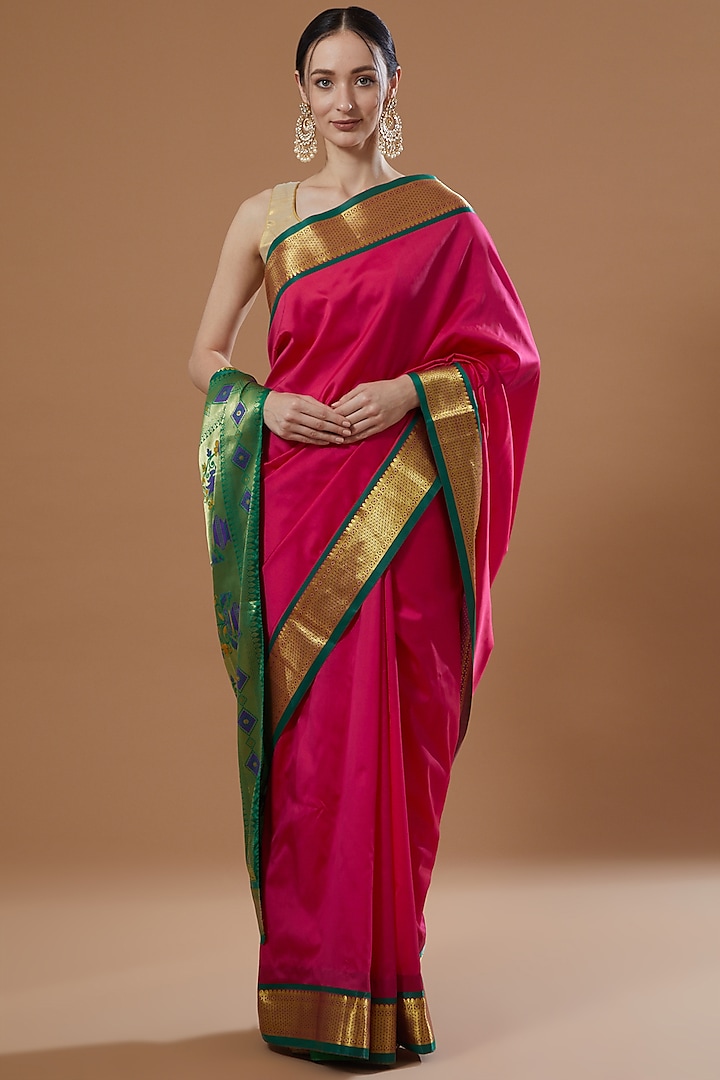 Magenta Katan Silk Paithani Saree Set by Zal From Benaras