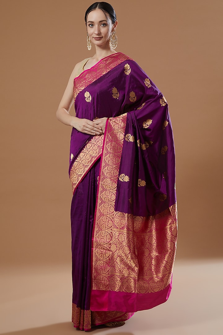 Purple Katan Silk Saree Set by Zal From Benaras