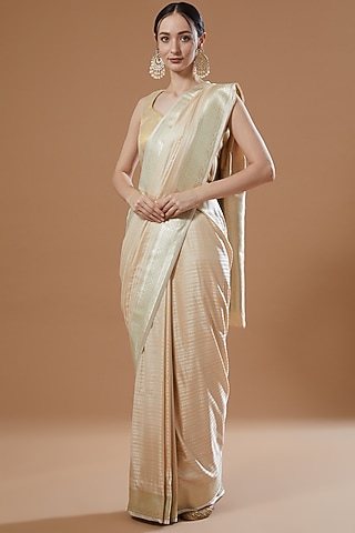 White Satin Silk Saree Set by Zal From Benaras