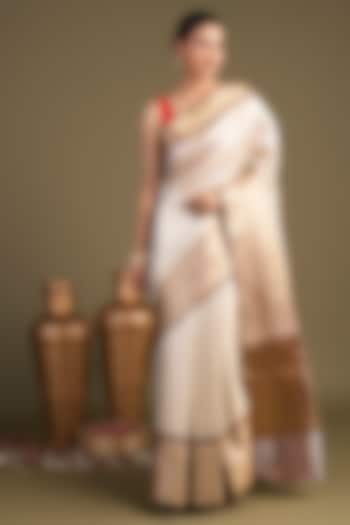 Brown-Cream Pure Katan Zari Silk Brocade Banarasi Handloom Party Wear Saree Set by Zal From Benaras at Pernia's Pop Up Shop