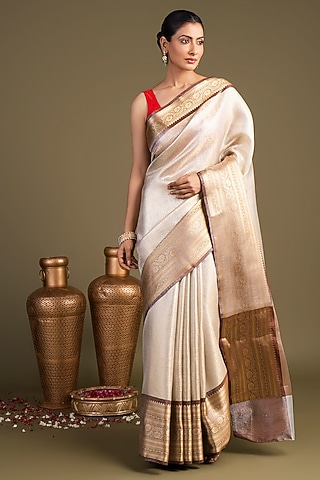 Brown-Cream Pure Katan Zari Silk Brocade Banarasi Handloom Saree Set by Zal From Benaras