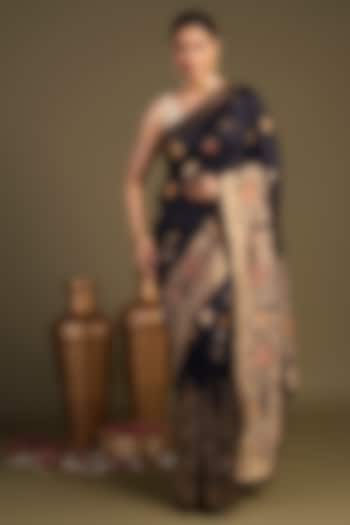 Black Pure Silk Embroidered & Printed Banarasi Handloom Party Wear Saree Set by Zal From Benaras at Pernia's Pop Up Shop