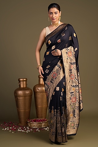 Black Pure Silk Embroidered & Printed Banarasi Handloom Saree Set by Zal From Benaras