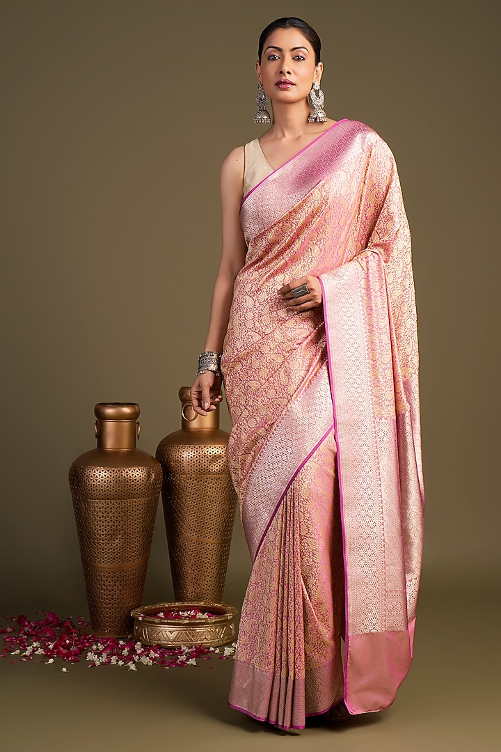 Baby Pink Pure Katan Satin Silk Zari Work Banarasi Handloom Party Wear Saree Set by Zal From Benaras at Pernia's Pop Up Shop