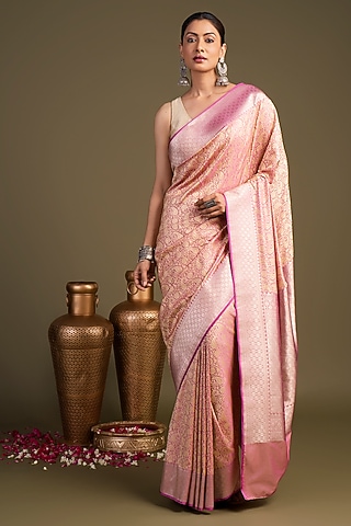 Baby Pink Pure Katan Satin Silk Zari Work Banarasi Handloom Saree Set by Zal From Benaras