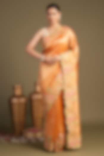 Orange Pure Tissue Silk Hand Embroidered & Printed Banarasi Handloom Party Wear Saree Set by Zal From Benaras at Pernia's Pop Up Shop
