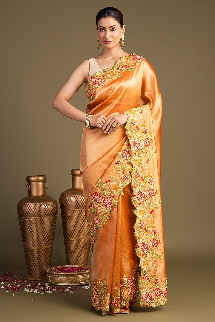Orange Pure Tissue Silk Hand Embroidered & Printed Banarasi Handloom Party Wear Saree Set by Zal From Benaras at Pernia's Pop Up Shop