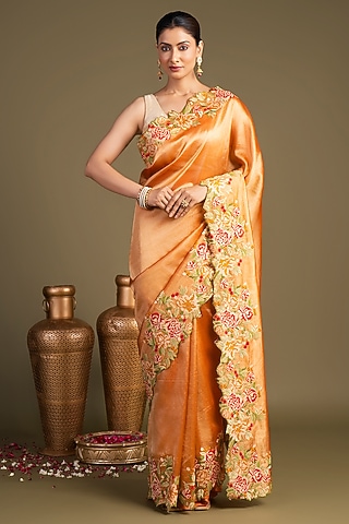 Orange Pure Tissue Silk Hand Embroidered & Printed Banarasi Handloom Saree Set by Zal From Benaras