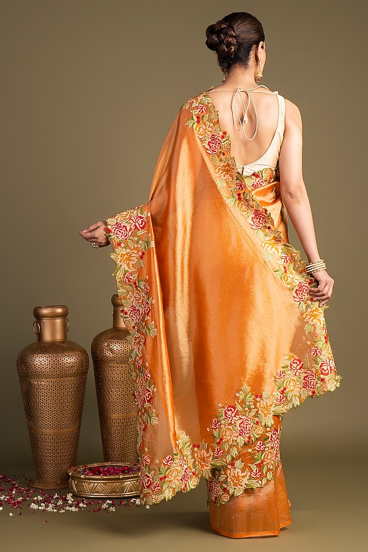 Orange Pure Tissue Silk Hand Embroidered & Printed Banarasi Handloom Party Wear Saree Set by Zal From Benaras at Pernia's Pop Up Shop