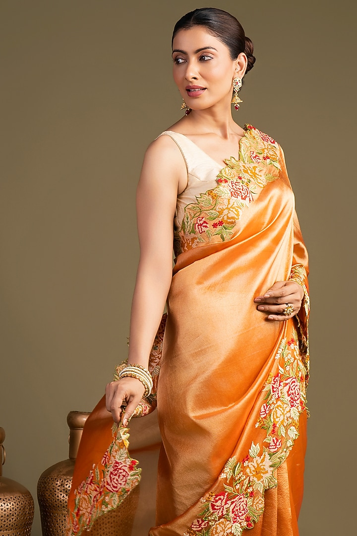 Orange Pure Tissue Silk Hand Embroidered & Printed Banarasi Handloom Party Wear Saree Set by Zal From Benaras at Pernia's Pop Up Shop