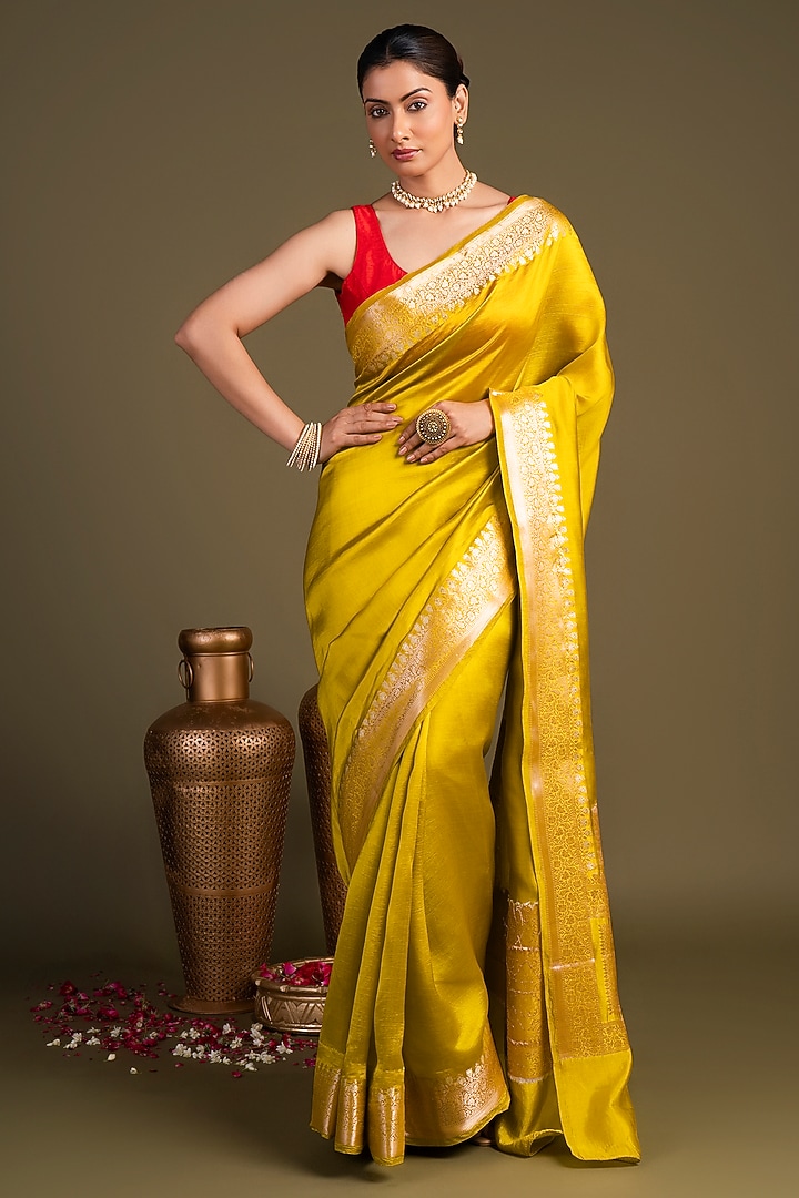 Golden Yellow Pure Katan Silk Banarasi Handloom Party Wear Saree Set by Zal From Benaras at Pernia's Pop Up Shop