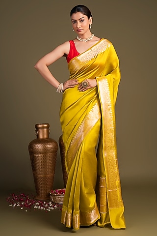 Golden Yellow Pure Katan Silk Banarasi Handloom Saree Set by Zal From Benaras