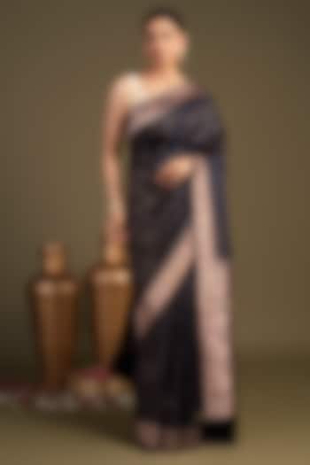 Black Pure Katan Satin Silk Printed Banarasi Handloom Party Wear Saree Set by Zal From Benaras at Pernia's Pop Up Shop