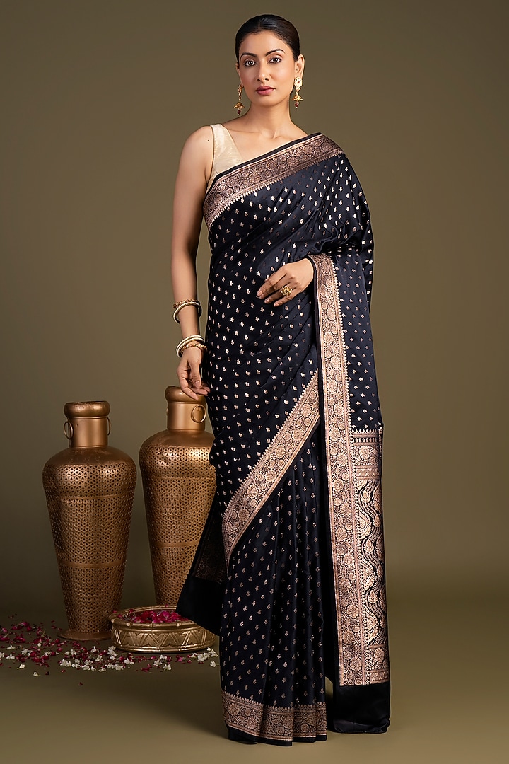 Black Pure Katan Satin Silk Printed Banarasi Handloom Party Wear Saree Set by Zal From Benaras at Pernia's Pop Up Shop