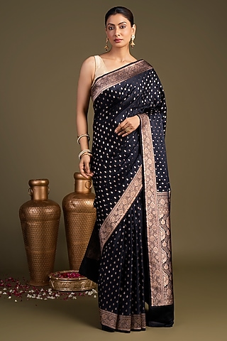 Black Pure Katan Satin Silk Printed Banarasi Handloom Saree Set by Zal From Benaras