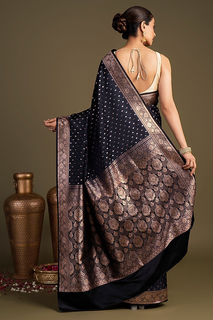 Black Pure Katan Satin Silk Printed Banarasi Handloom Party Wear Saree Set by Zal From Benaras at Pernia's Pop Up Shop
