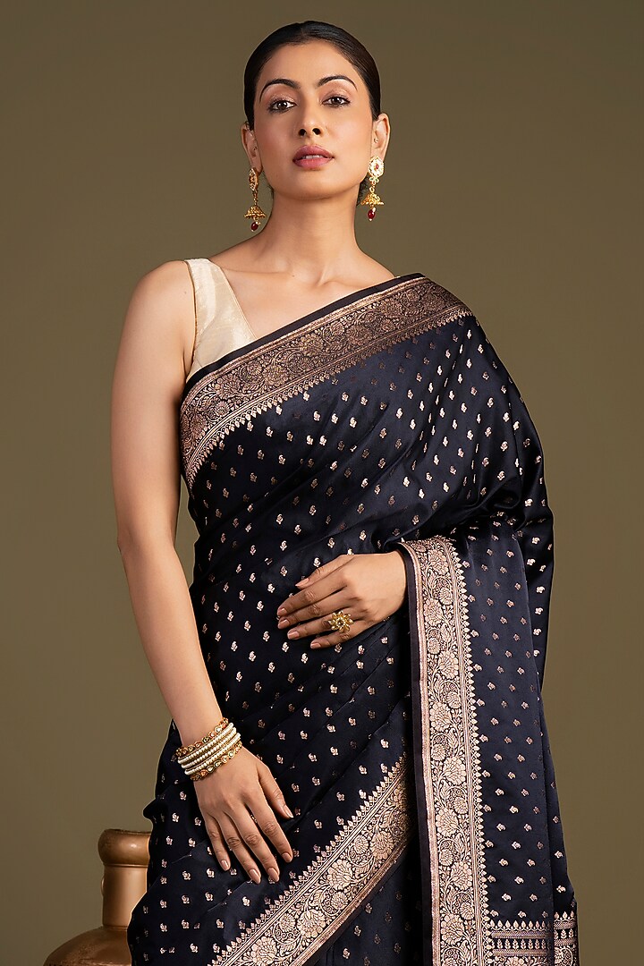 Black Pure Katan Satin Silk Printed Banarasi Handloom Party Wear Saree Set by Zal From Benaras at Pernia's Pop Up Shop