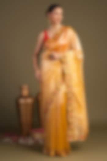 Yellow Pure Tissue Silk Hand Embroidered Banarasi Handloom Party Wear Saree Set by Zal From Benaras at Pernia's Pop Up Shop