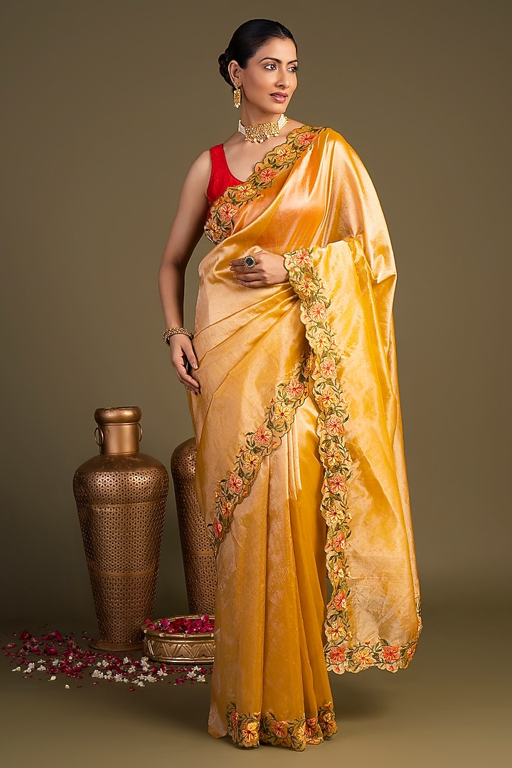 Yellow Pure Tissue Silk Hand Embroidered Banarasi Handloom Party Wear Saree Set by Zal From Benaras at Pernia's Pop Up Shop