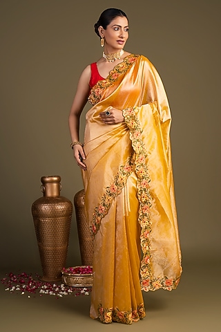 Yellow Pure Tissue Silk Hand Embroidered Banarasi Handloom Saree Set by Zal From Benaras