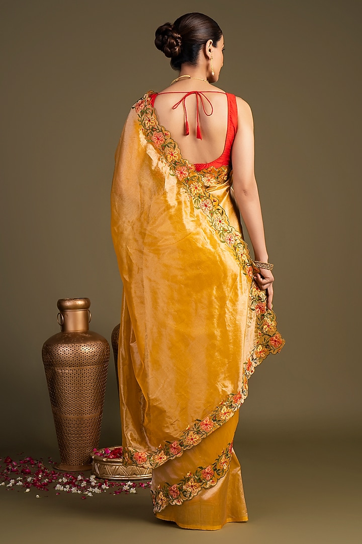 Yellow Pure Tissue Silk Hand Embroidered Banarasi Handloom Party Wear Saree Set by Zal From Benaras at Pernia's Pop Up Shop