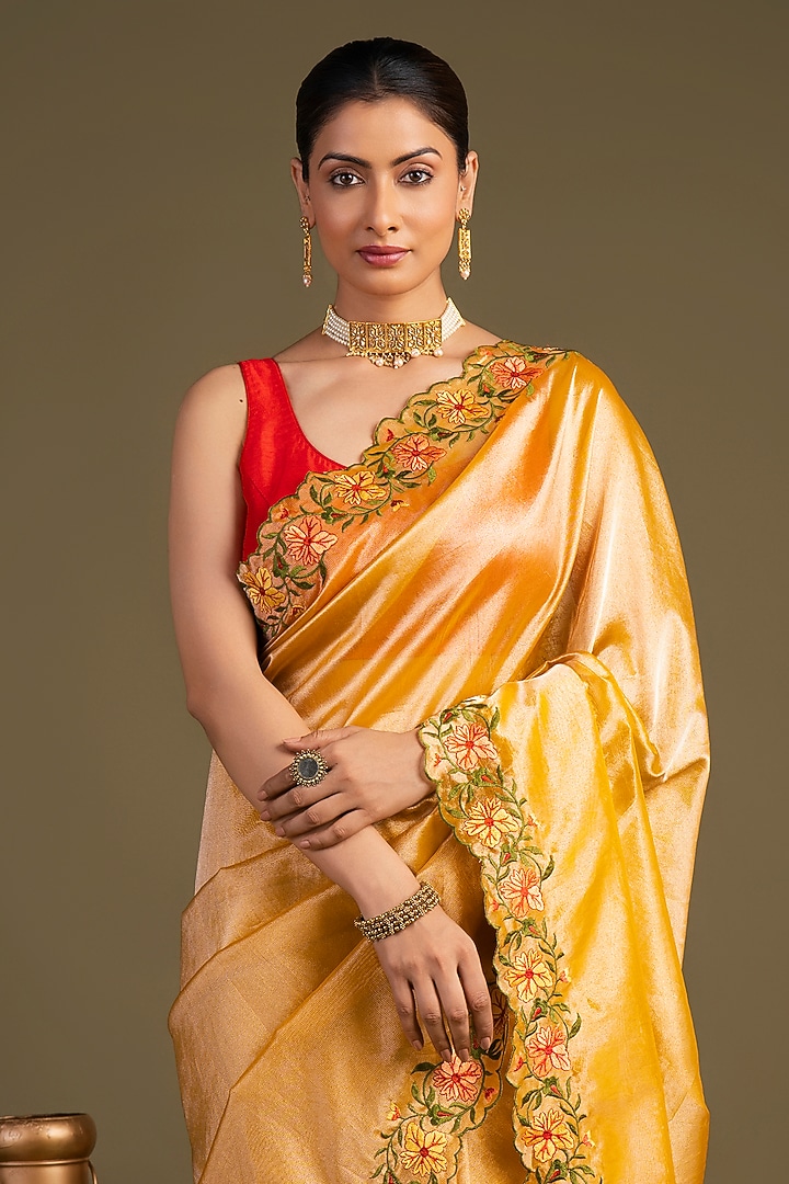 Yellow Pure Tissue Silk Hand Embroidered Banarasi Handloom Party Wear Saree Set by Zal From Benaras at Pernia's Pop Up Shop