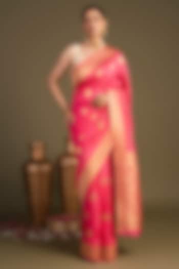 Peach Pink Pure Silk Printed Banarasi Handloom Party Wear Saree Set by Zal From Benaras at Pernia's Pop Up Shop