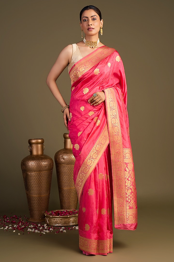 Peach Pink Pure Silk Printed Banarasi Handloom Party Wear Saree Set by Zal From Benaras at Pernia's Pop Up Shop